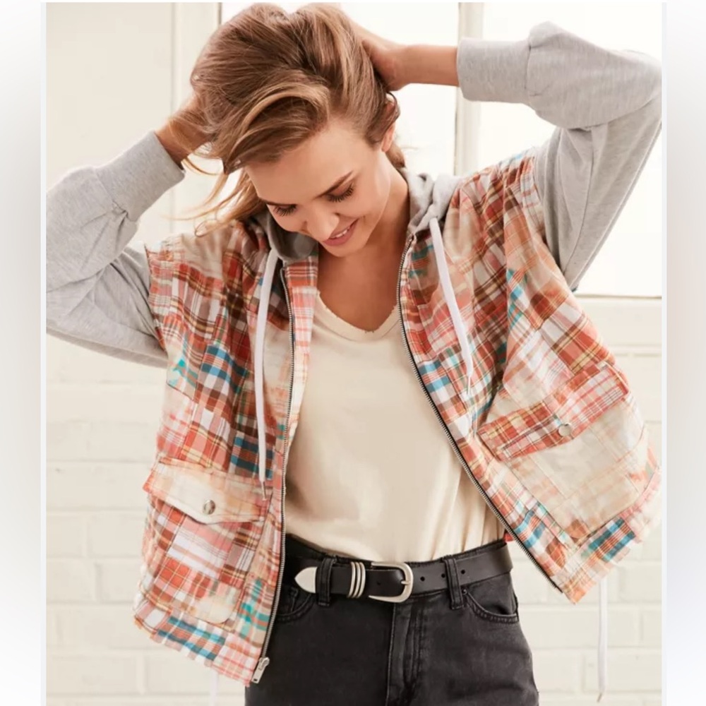 BDG Casio Multicolored Plaid Patchwork Layered Utility Hoodie Jacket
